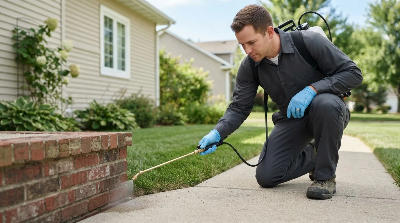 Pest control technician treating a home near White Oak, MD